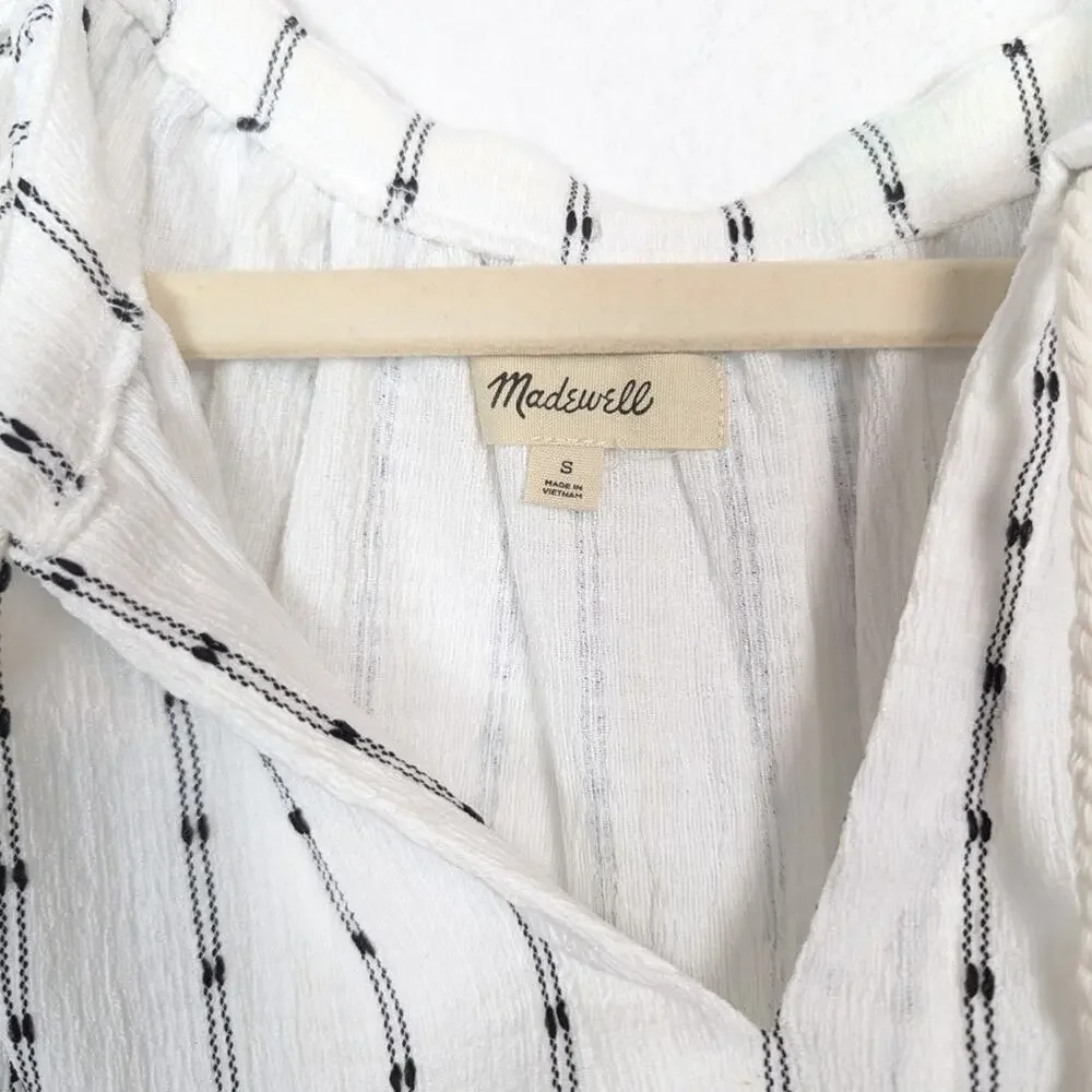 Madewell Bright Ivory Dotted Stripe Tie Neck Lightweight Tunic Top